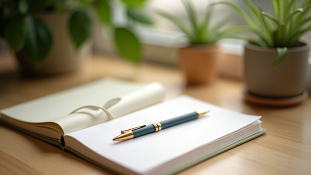 Colorful journals and writing supplies arranged on desk with natural plant elements and soft lighting