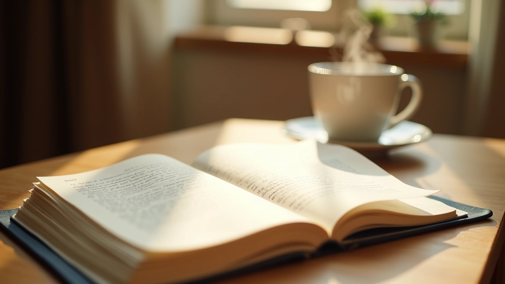 Open journal with handwritten reflections, warm coffee cup, and morning light streaming through window