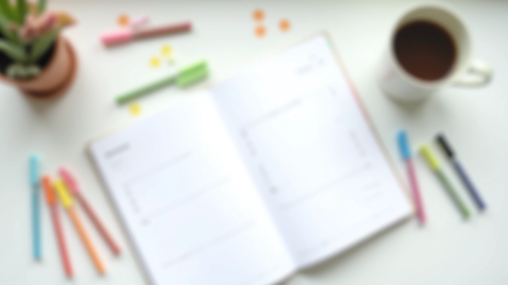 Planner and goal-setting worksheet spread on table with coffee cup nearby