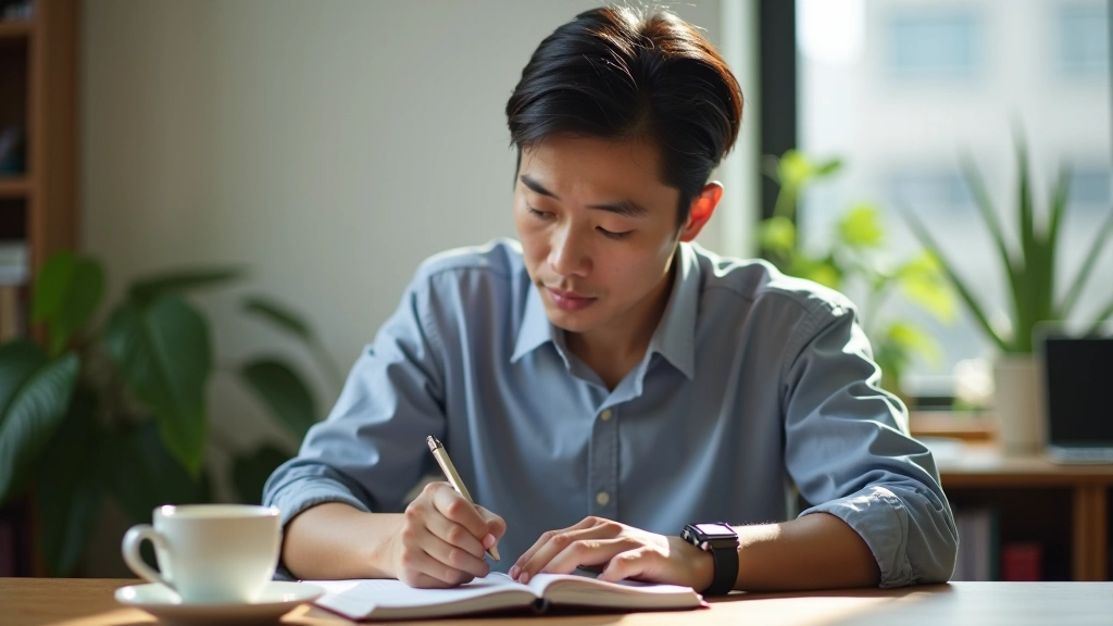 Person writing in journal with coffee cup on wooden desk near window