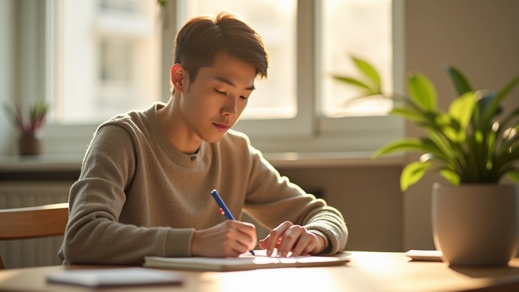 Person sitting at desk with notebook and pen, morning sunlight streaming through window