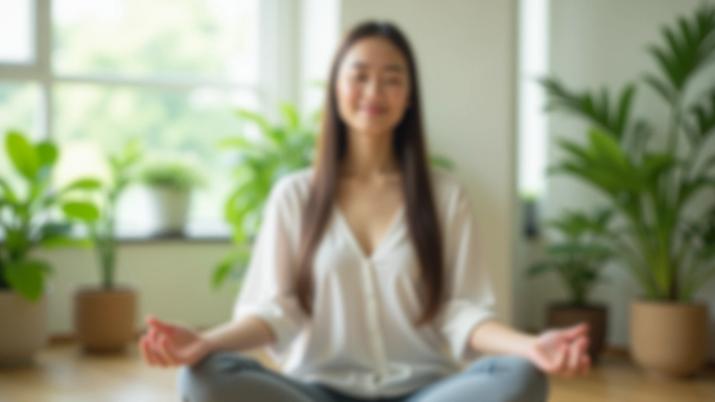 Person meditating in quiet room with plants and natural light